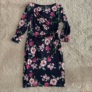 Eliza J | Navy Blue + Pink Floral Print 3/4 Sleeve Dress